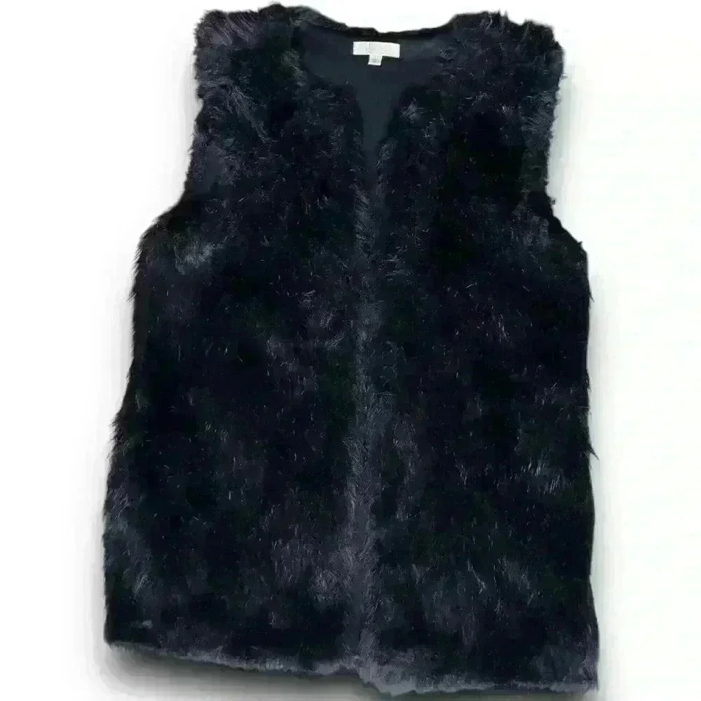vtg‎ y2k black mobwife faux fur sleeveless vest hidden side pockets open front m